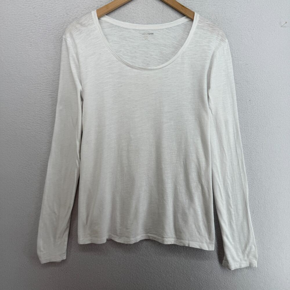 EILEEN FISHER Top XL Slub Organic Cotton Jersey Scoop Neck Long Sleeve White